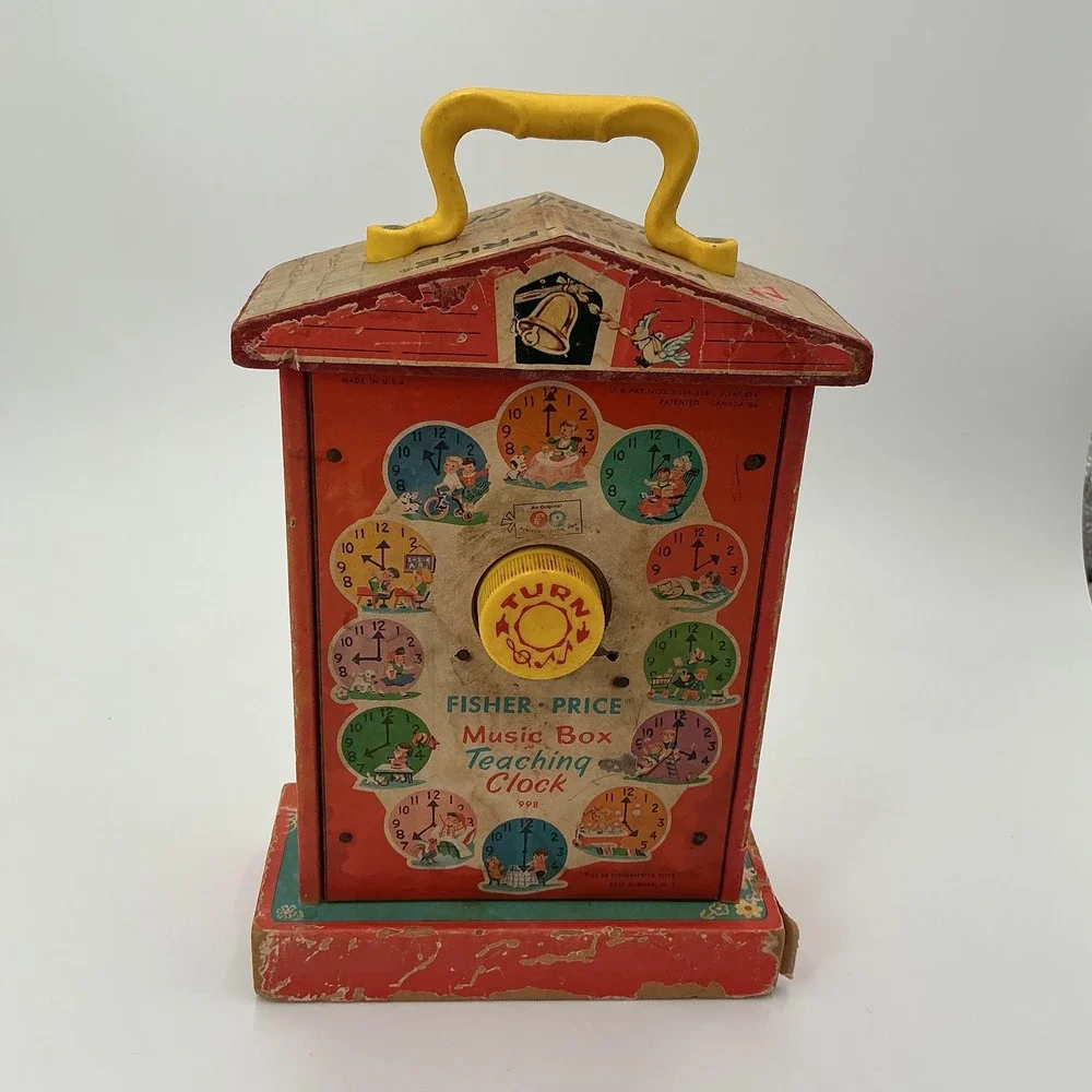 Vintage Fisher Price Music Box Teaching Clock Wood Wind Up‎ Toy 1964 USA Works